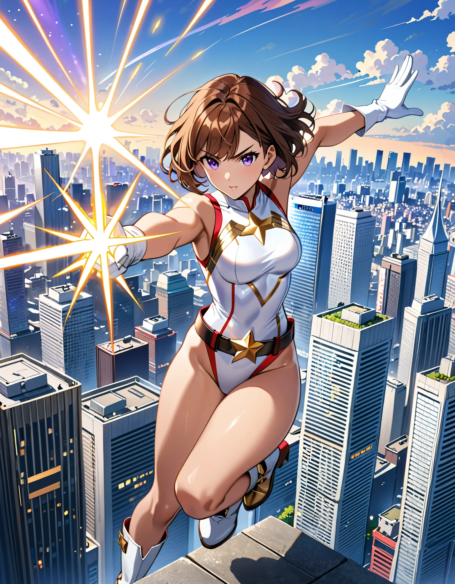 (masterpiece), (best quality), (high res), medium breasts, ((leotard, white and red leotard, matching leotard, sleeveless, bare legs)), ((tight belt, gold belt)), ((boots, matching boots, ankle-high boots, white boots)), ((gloves, white gloves)), city backdrop, tokyo city backdrop, solo, solo focus, dynamic fighting pose, (arms forwards), (full body), cowboy shot, superhero, ((beautiful detailed eyes)), ((gold star symbol on chest)), (brown hair, medium hair, bob hair, purple eyes), (perfect hands, perfect anatomy), ((beautiful detailed eyes)), full body costume design. (energy beam on hand).