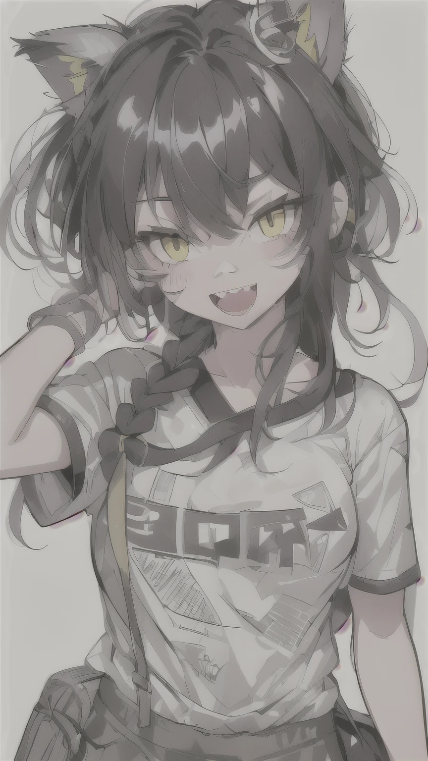 1girl, solo, long hair, looking at viewer, black hair, bandaid on face, yellow eyes, animal ears, smile, bandaid on nose, braid, cat ears, bandaid, bangs, breasts, fake animal ears, simple background, open mouth, fang, bare shoulders, scar, teeth, shirt, bare shoulders, white shirt, short sleeves, closed mouth, t-shirt, hair over one eye, portrait, bag, hair over shoulder, shorts, fullbody shot, cute, messy hair