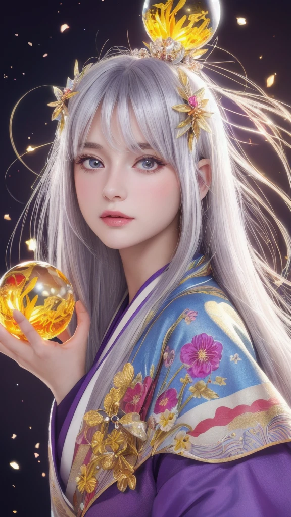 (masterpiece:1.3), (8k, photorealistic, raw photo, highest quality:1.4), (one girl), beautiful face, (realistic face), (long hair), (silver hair, near white hair, shiny hair, beautiful straight hair), (even bangs), (sharp bangs), straight hairstyle, realistic eyes, beautiful detailed eyes (purple eyes), (sharp eyes), (realistic skin), beautiful skin, (kimono), (magician's kimono), (flower hair ornament), attractive, ultra high resolution, ultra realistic, highly detailed, golden ratio, colorful background, (flowers blooming), (energy dancing background), magician, facing forward, facing from shoulders, looking straight ahead, both shoulders facing towards you, holding crystal ball, (heart crystal ball, love crystal ball).