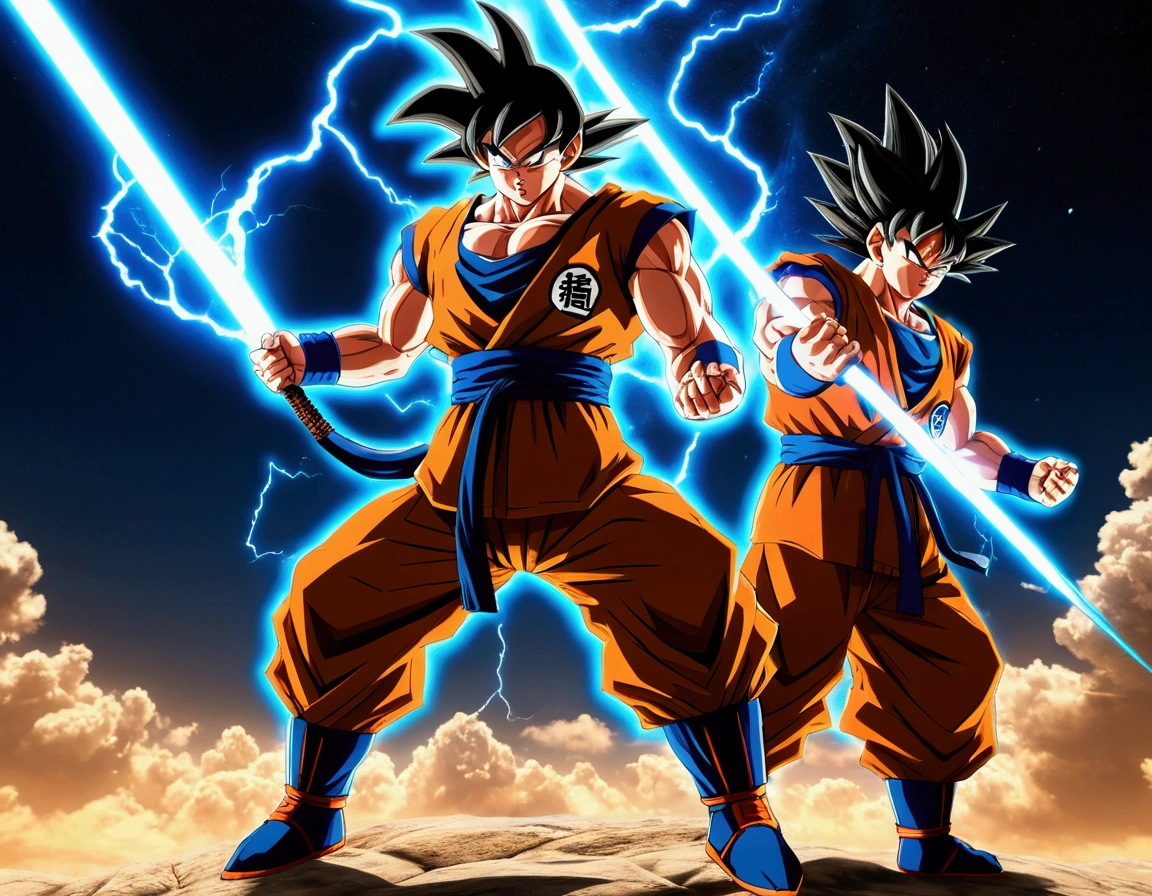 "Goku and Okuyasho merged into an epic, detailled image. Mastery in quality and lighting. Stunning and impactful scenery. Dynamic and powerful action. Improved shadow and light effects. high resolution masterpiece. State-of-the-art CG art. Incredible and engaging result.+"