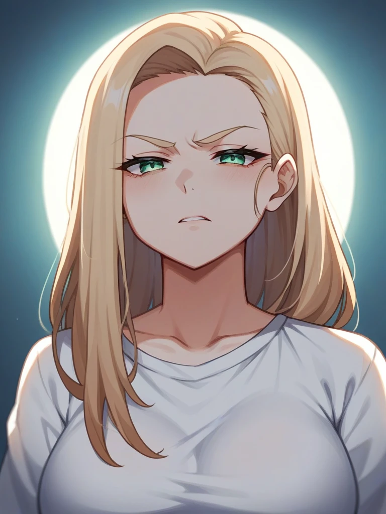 Adult, Female, Mature, blond hair with a little bit of black, beauty spot on lower lip, emerald eyes, hourglass figure, disheveled aesthetic, baggy clothing, thick thighs, plump breasts, annoyed, disgruntled, depressed, tired, shadow under eyes, angry hallway, messy apartment, unclean apartment, dim lighting, limited light, night, Masterpiece, Accurate, Anatomically Correct, Best Quality, High Details, Detail, Super Detailed, Best detail, Perfect detail, Amazing detail, [-3, 3], Close-Up, Looking at viewer, up close, headshot