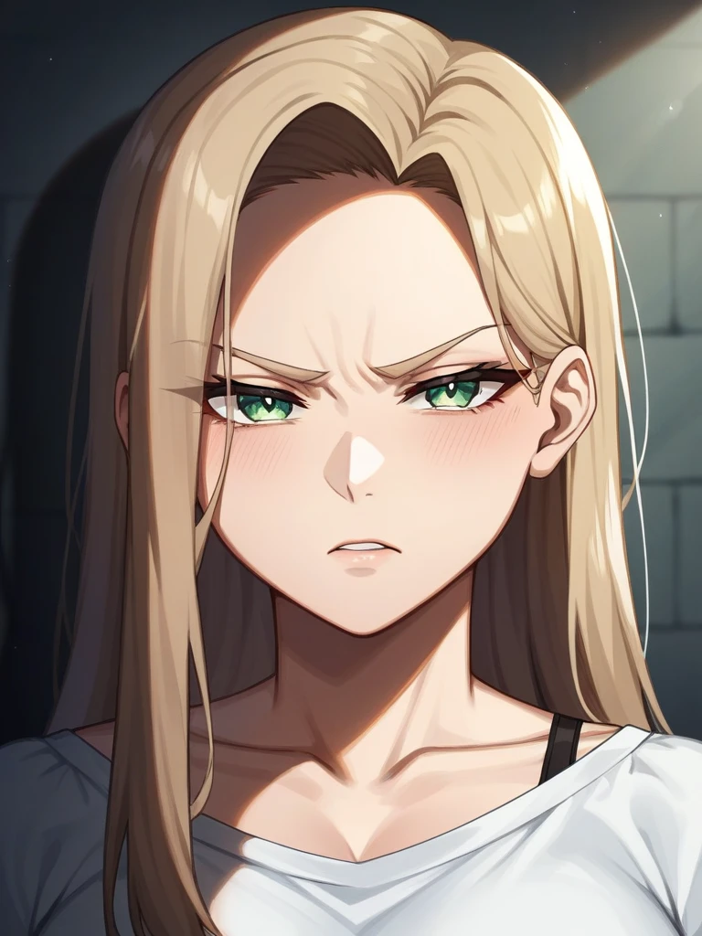 Adult, Female, Mature, blond hair with a little bit of black, beauty spot on lower lip, emerald eyes, hourglass figure, disheveled aesthetic, baggy clothing, thick thighs, plump breasts, annoyed, disgruntled, depressed, tired, shadow under eyes, angry hallway, messy apartment, unclean apartment, dim lighting, limited light, night, Masterpiece, Accurate, Anatomically Correct, Best Quality, High Details, Detail, Super Detailed, Best detail, Perfect detail, Amazing detail, [-3, 3], Close-Up, Looking at viewer, up close, headshot