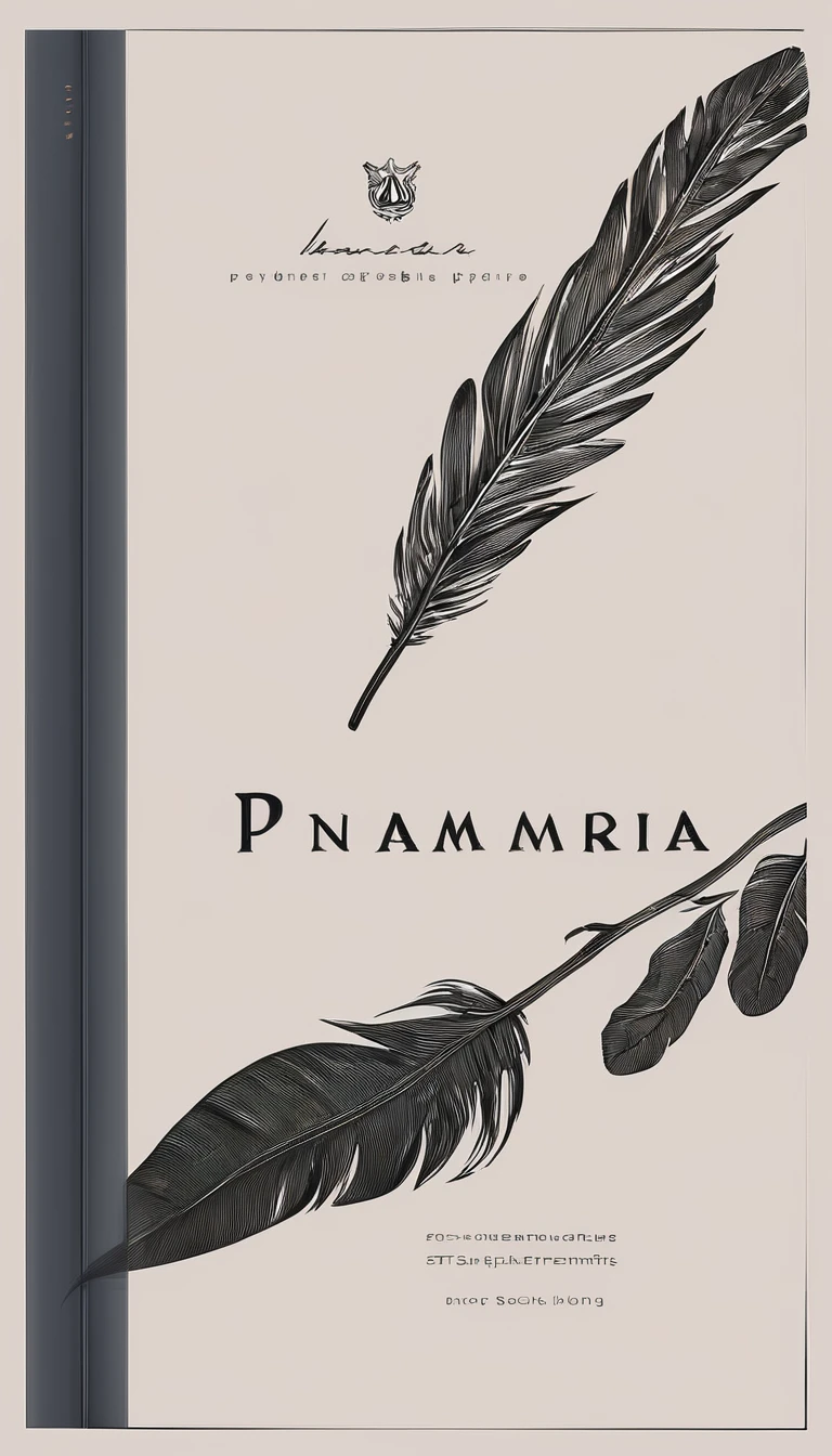 A minimal, modern, simple, cinematic logotype for the brand “Penamemoria". The logotype must be a simple, magical feather and a boy playing acoustic guitar. The logo must convey a sense of music, stories and dreams. Logo design impressed on a book cover. Minimalistic logo