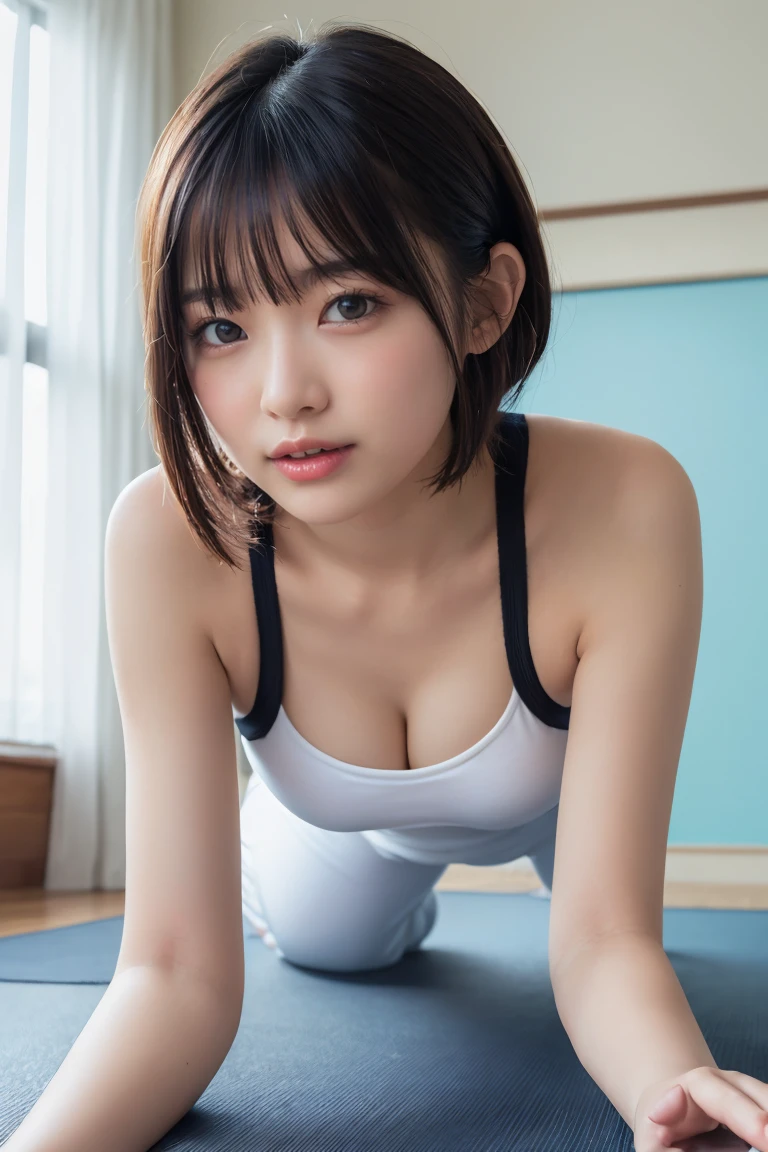 Small head, (Perfect body: 1.1), (Straight short hair to the shoulders: 1.2), Black Hair,Attractive clavicle，（Highly detailed CG 8k wallpaper），（Very sophisticated and beautiful），（masterpiece），（Highest quality：1.0），（超High resolution：1.0）,Upper Body，[High resolution]，Cheerfulness，smile，Smooth and perfect white skin，Super detailed ，Long legs，（Large :1.8),Flat Chest,Underbust,slim，Emaciated，(White Yoga Suit:1.3),at home，living room，Gym decoration style，Turquoise background，Yellow Curtains，Wall-mounted TV,Close-up shot，Midday sunlight,(Lie on all fours on a yoga mat:1.5),(Lying on the chest:1.5),(Down Dog:1.5),(Open your mouth:1.2) ,(Female orgasm:(blush:1.3)，(Lift your head:1.2),(from the front:1.5),(Very short ponytail:1.2),Close-up shot,Cowboy Shot