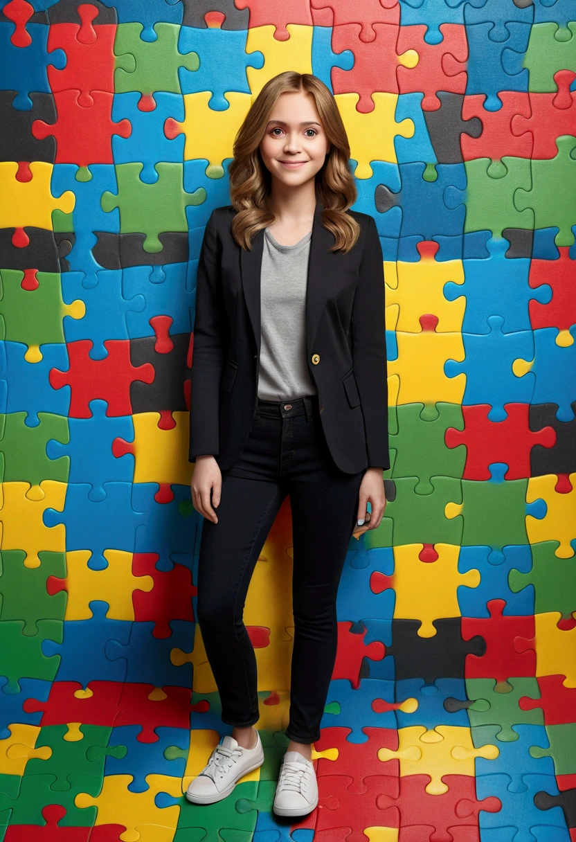 Pixar style 3D poster. light-skinned, happy woman, very straight dark blonde HAIR, light brown eyes, black blazer, black jeans, gray shirt, white sneakers, notebook in hand, BACKGROUND WITH RED, blue, green and yellow PUZZLES.