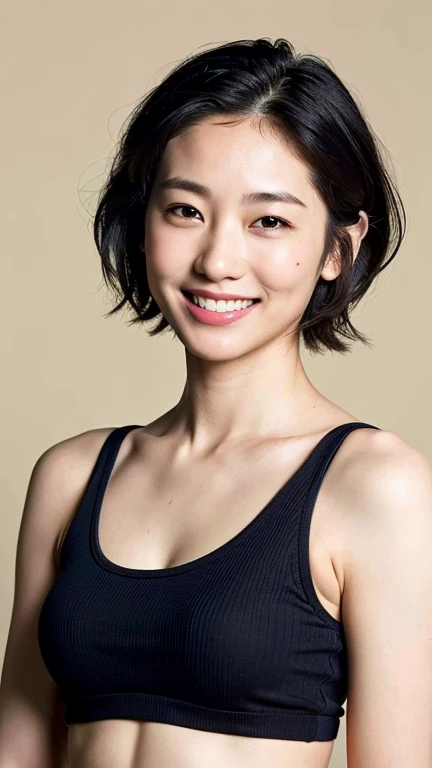 (Highest quality, 8k, 32K, masterpiece, Ultra-high resolution:1.2),Beautiful Japanese Women Photos, Smile、Small breasts, Very short bob hair,Upper Body,Face Focus,Revealing tank top, Simple Background, View your viewers,Small areola、Small nipples、Belly Piercing、(((Chubby)))
