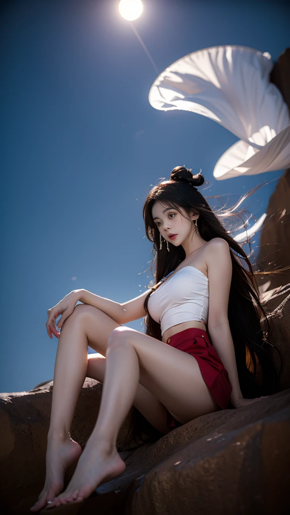 (masterpiece, best quality:1.2), 1 Girl, Solitary, ((gufeng,Bare shoulders)), On the top of the mountain，moonlight，((night)), ((whole body)), ((From below)), ((Sitting, Sitting on the edge of a cliff)), Heroine Image，Slender sexy legs，Very beautiful legs，Leaking sexy legs，Large Breasts，beauty, mystery。Exquisite facial beauty，Otherworldly beauty。The bridge of the nose is straight，Cherry lip color，Confident and calm。Well-defined facial contours，Skin like jade，Light and delicate makeup，Show her temperament and charm。Light foundation, Skin transparency，Perfect eyebrow shape，Eye Makeup,Eyeshadow,Eyeliner，Brighter eyes、Energetic。Put on grace lipstick，Charm and sophistication。grace别致的衣服，Clothes fluttering，Blown up by the wind，Drifting away。grace，Swinging action。Hair tied haphazardly behind the head，Secure with a jade hairpin，Strands of hair fluttering gently in the wind，beauty的风景，Attract attention。beauty、grace、mystery