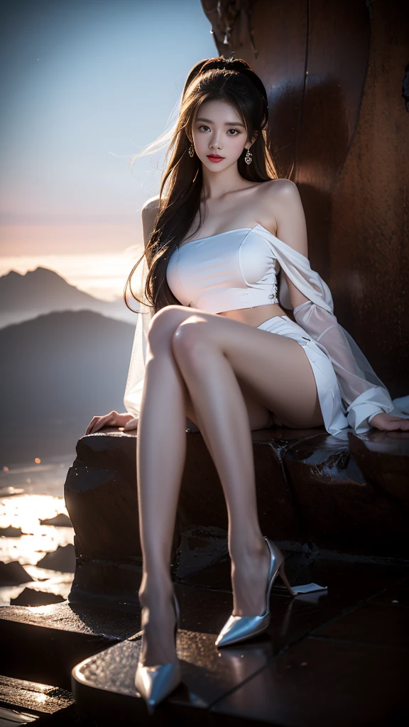 (masterpiece, best quality:1.2), 1 Girl, Solitary, ((gufeng,Bare shoulders)), On the top of the mountain，moonlight，((night)), ((whole body)), ((From below)), ((Sitting, Sitting on the edge of a cliff)), Heroine Image，Slender sexy legs，Very beautiful legs，Leaking sexy legs，Large Breasts，beauty, mystery。Exquisite facial beauty，Otherworldly beauty。The bridge of the nose is straight，Cherry lip color，Confident and calm。Well-defined facial contours，Skin like jade，Light and delicate makeup，Show her temperament and charm。Light foundation, Skin transparency，Perfect eyebrow shape，Eye Makeup,Eyeshadow,Eyeliner，Brighter eyes、Energetic。Put on grace lipstick，Charm and sophistication。grace别致的衣服，Clothes fluttering，Blown up by the wind，Drifting away。grace，Swinging action。Hair tied haphazardly behind the head，Secure with a jade hairpin，Strands of hair fluttering gently in the wind，beauty的风景，Attract attention。beauty、grace、mystery