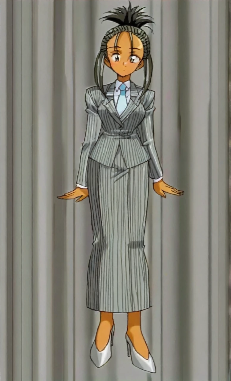 90s anime grown tall skinny black skinned female business woman in a grey pinstripe skirt suit wearing grey heels with cornrow hair full body
Pinstripe blaze and pinstripe skirt 