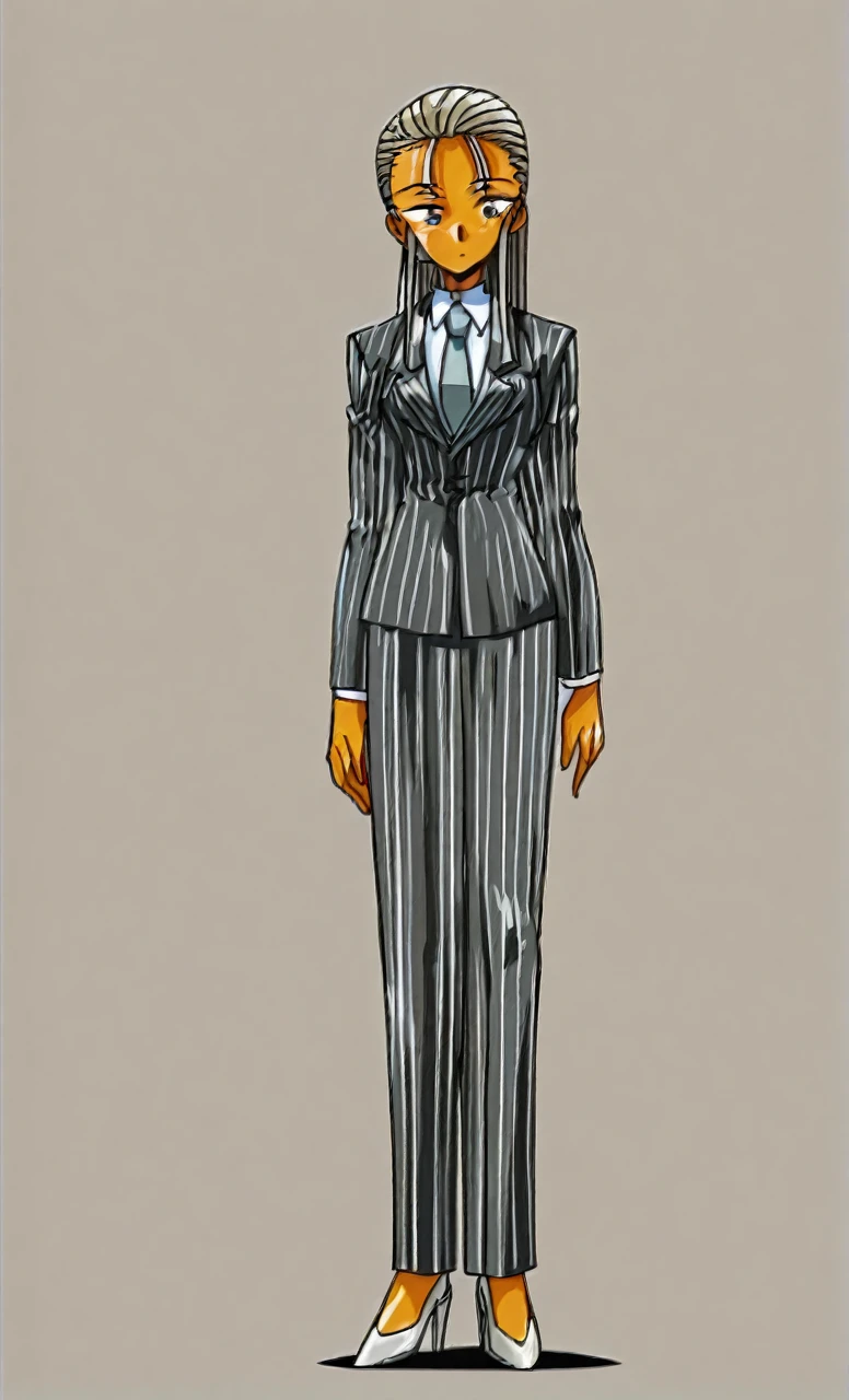 90s anime grown tall skinny black skinned female business woman in a grey pinstripe skirt suit wearing grey heels with cornrow hair full body
Pinstripe blaze and pinstripe skirt 