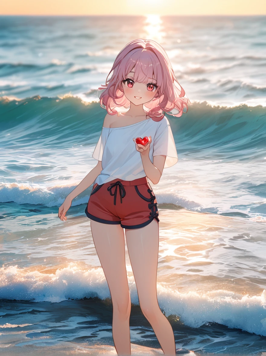 Here's a masterpiece illustration prompt based on your input:
Create an official poster-quality illustration of a shy and adorable young girl standing at the ocean's edge, her light pink hair blowing gently in the sea breeze. Her short locks are styled in loose, effortless waves, framing her heart-shaped face with its striking red jewel-like eyes. A soft blush rises to her cheeks as she gazes down at the water, her full lips curling into a shy smile that hints at a playful nature. Her one-shoulder T-shirt clings to her curvy physique, paired with shorts that highlight her toned legs and youthful energy. The sun's warm rays dance across the waves, casting a golden glow on her porcelain skin. Showcase this stunning scene in a 3D coloring style, with detailed shading and texture that brings out the artistic beauty of this oceanfront escapade.