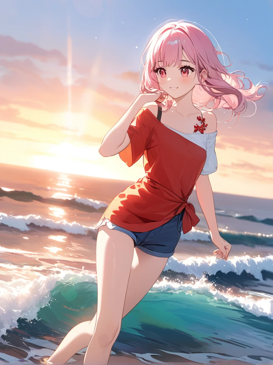 Here's a masterpiece illustration prompt based on your input:
Create an official poster-quality illustration of a shy and adorable young girl standing at the ocean's edge, her light pink hair blowing gently in the sea breeze. Her short locks are styled in loose, effortless waves, framing her heart-shaped face with its striking red jewel-like eyes. A soft blush rises to her cheeks as she gazes down at the water, her full lips curling into a shy smile that hints at a playful nature. Her one-shoulder T-shirt clings to her curvy physique, paired with shorts that highlight her toned legs and youthful energy. The sun's warm rays dance across the waves, casting a golden glow on her porcelain skin. Showcase this stunning scene in a 3D coloring style, with detailed shading and texture that brings out the artistic beauty of this oceanfront escapade.