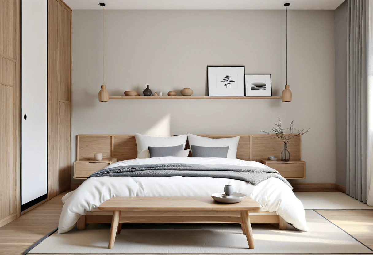 photo of Retro Japandi bedroom interior style.
Combining Scandinavian and Japanese styles, minimalism, sophistication, using natural materials.
Color: Neutral tones, white, gray, wood color. UHD, 8K, super highly detailed, Ultra super HD, Ultra sharpen image