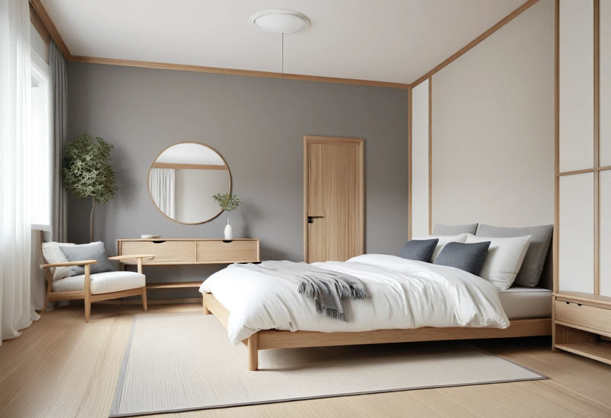 photo of Retro Japandi bedroom interior style.
Combining Scandinavian and Japanese styles, minimalism, sophistication, using natural materials.
Color: Neutral tones, white, gray, wood color. UHD, 8K, super highly detailed, Ultra super HD, Ultra sharpen image