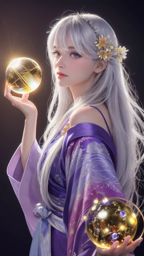 (masterpiece:1.3), (8k, photorealistic, raw photo, highest quality:1.4), (one girl), beautiful face, (realistic face), (long hair), (silver hair, near white hair, shiny hair, beautiful straight hair), (even bangs), (sharp bangs), straight hairstyle, realistic eyes, beautiful detailed eyes (purple eyes), (sharp eyes), (realistic skin), beautiful skin, (kimono), (magician's kimono), (flower hair ornament), attractive, ultra high resolution, ultra realistic, highly detailed, golden ratio, colorful background, (flowers blooming), (energy dancing background), magician, facing forward, facing from shoulders, looking straight ahead, both shoulders facing towards you, holding crystal ball, (heart crystal ball, love crystal ball).