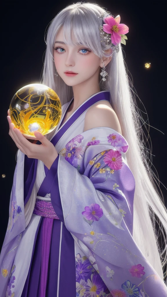 (masterpiece:1.3), (8k, photorealistic, raw photo, highest quality:1.4), (one girl), beautiful face, (realistic face), (long hair), (silver hair, near white hair, shiny hair, beautiful straight hair), (even bangs), (sharp bangs), straight hairstyle, realistic eyes, beautiful detailed eyes (purple eyes), (sharp eyes), (realistic skin), beautiful skin, (kimono), (magician's kimono), (flower hair ornament), attractive, ultra high resolution, ultra realistic, highly detailed, golden ratio, colorful background, (flowers blooming), (energy dancing background), magician, facing forward, facing from shoulders, looking straight ahead, both shoulders facing towards you, holding crystal ball, (heart crystal ball, love crystal ball).