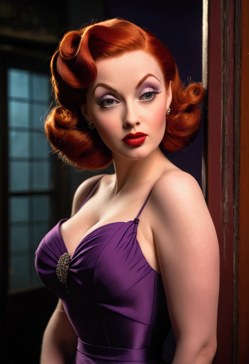 A gorgeous, voluptuous cartoon woman with striking red hair styled in a 1940s-inspired updo. She has a classically beautiful face with large, expressive eyes, long eyelashes, and full red lips. Her figure is curvaceous, accentuated by a tight-fitting, low-cut purple dress with a thigh-high slit. She strikes a confident, alluring pose, one hand on her hip as she looks directly at the viewer with a sultry gaze. The background is a dimly lit, film noir-inspired setting, creating an atmosphere of mystery and intrigue. Detailed face, dynamic pose, cinematic lighting.