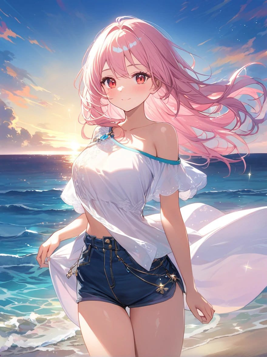 Here's a masterpiece illustration prompt for you:
A radiant, light pink-haired heroine stands confidently on the edge of a serene ocean, her short locks framing her heart-shaped face. Her eyes, gleaming like precious jewels, sparkle with a shy smile as she blushes slightly. The one-shoulder T-shirt clings to her curves, showcasing her youthful physique. Her shorts are fitted and knee-length, emphasizing her toned legs.
In the background, the ocean's gentle waves lap at the shore, creating a soothing atmosphere. The sun casts a warm glow on our heroine, illuminating the delicate details of her facial features and the subtle sheen of her skin. Her red eyes, seemingly aglow with an inner light, radiate a captivating allure.
The entire scene is bathed in vivid colors, with each strand of hair, every fold of fabric, and every ripple of the ocean rendered in exquisite detail. The artwork exudes artistic beauty, inviting the viewer to step into this idyllic world where innocence and charm reign supreme.