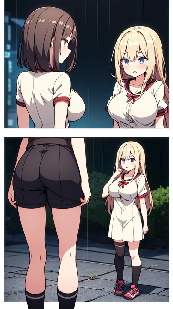 Full body image, front, two girl, twins, 18-year-old, Mix 4, (32K, RAW Photos, Highest quality, masterpiece:1.2), (Anime-like, photoAnime-like:1.37), cute, Casual wear, Short sleeve T-shirt,Shorts,Black knee socks, night, rain, Humidity, Professional Lighting, Photon Mapping, Radio City, Physically Based Rendering, Super Resolution, (Big Breasts:1.2), {{The biological weapon that had preyed on the younger sister took her place and reunited with the older brother, The rebellious little sister has become the obedient little sister}}, Girl Skull, whole body, NSFW