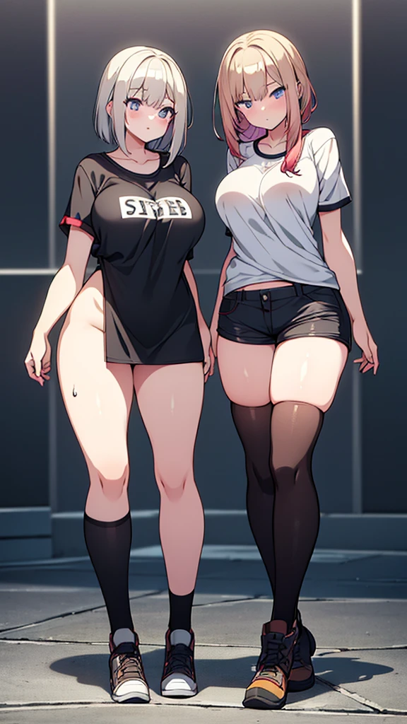 Full body image, front, two girl, twins, 18-year-old, Mix 4, (32K, RAW Photos, Highest quality, masterpiece:1.2), (Anime-like, photoAnime-like:1.37), cute, Casual wear, Short sleeve T-shirt,Shorts,Black knee socks, night, rain, Humidity, Professional Lighting, Photon Mapping, Radio City, Physically Based Rendering, Super Resolution, (Big Breasts:1.2), {{The biological weapon that had preyed on the younger sister took her place and reunited with the older brother, The rebellious little sister has become the obedient little sister}}, Girl Skull, whole body, NSFW