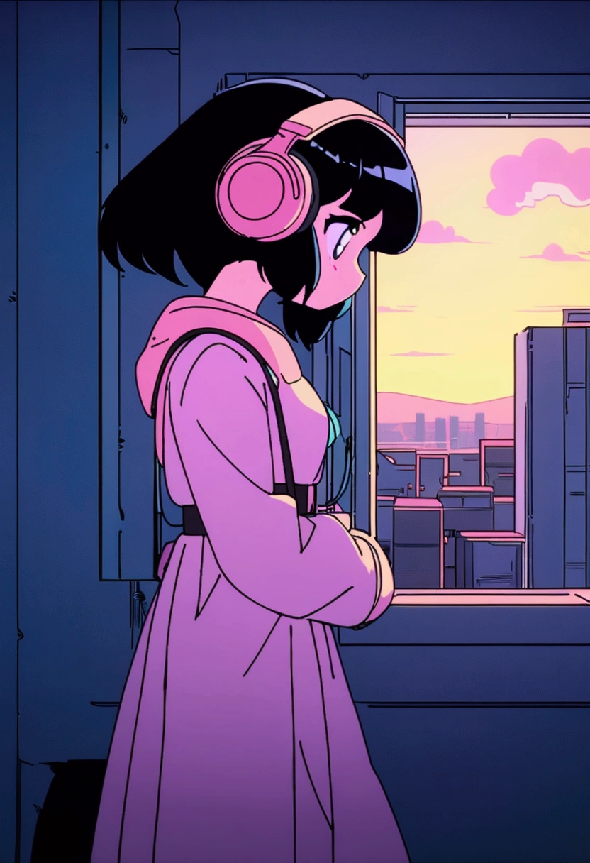 Anime girl wearing headphones looking out the window at the city, Lo-fi Girl, Anime atmosphere, Lofi Artstyle, Anime Style 4k, Anime Aesthetics, Nightcore, Lo-fi feeling, Lofi Art, anime art wallpaper 4k, anime art wallpaper 4k, anime wallpaper 4k, anime wallpaper 4k, An atmosphere of praise