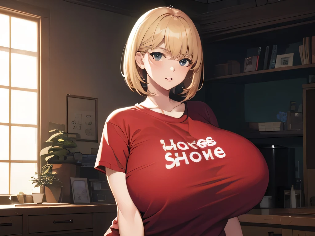 (8k, Highest quality, masterpiece:1.2),\(Eye details\),\(Facial Features\),(\(Clothing Details\)\),Upper Body,(Face focus) ,Very detailed CG Unity 8k wallpaper,Large file size,Very detailed,High resolution,absurdes,Beautiful Eyes,Ray Tracing,Dramatic Shadows,Fine details,Dramatic angle,Hyper Detail,(1 Girl),(alone:1.4),Mature Woman,Mature Woman,motherly,Listen to me,(flaxen hair:1.2),Short Straight Hair,Middle bangs,(Green Eyes),Red lips,amount,39 years old,(Huge breasts,Large Breasts,Saggy breasts:1.3),(T-shirts:1.3),jeans,Big Round Ass,