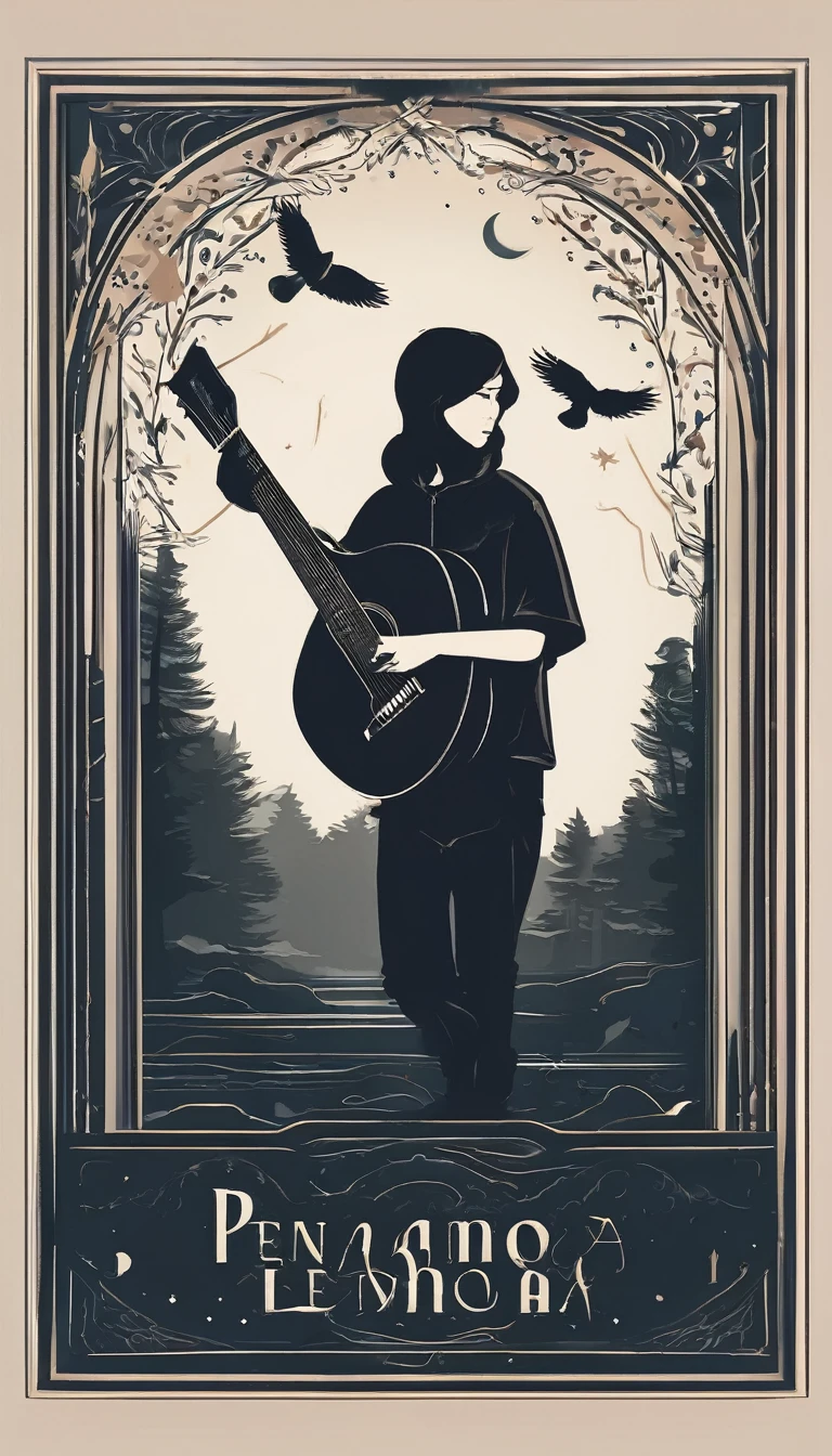 A minimal, modern, simple, cinematic logotype for the brand “Penamemoria". The logotype must be a simple, magical feather and a boy playing acoustic guitar. The logo must convey a sense of music, stories and dreams. Logo design impressed on a book cover. Minimalistic logo
