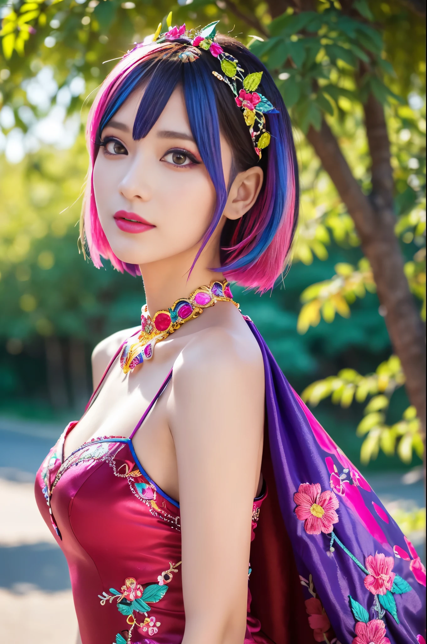 (masterpiece:1.4), (best quality:1.4), ultra high res, ultra high resolution, ((detailed facial features)), HDR, (realistic, photorealistic, photo-realistic:1.37), full body Esbian, sexy swedish model, (-anime), only 1 model, vivid colors, ((vivid colors multicolor (fuchsia, pink, light blue, purple) very short hair)), (seductive smile), lip-gloss, long lashes, defined eyebrows, wearing large sparkling colorful jewelery, wearing a red silk Paradise Kiss cosplay dress with black floral embroidery, ((vivid colors outfit)), vivid colors, look at the camera, cinematic light, large park background with trees, sweet and sexy pose