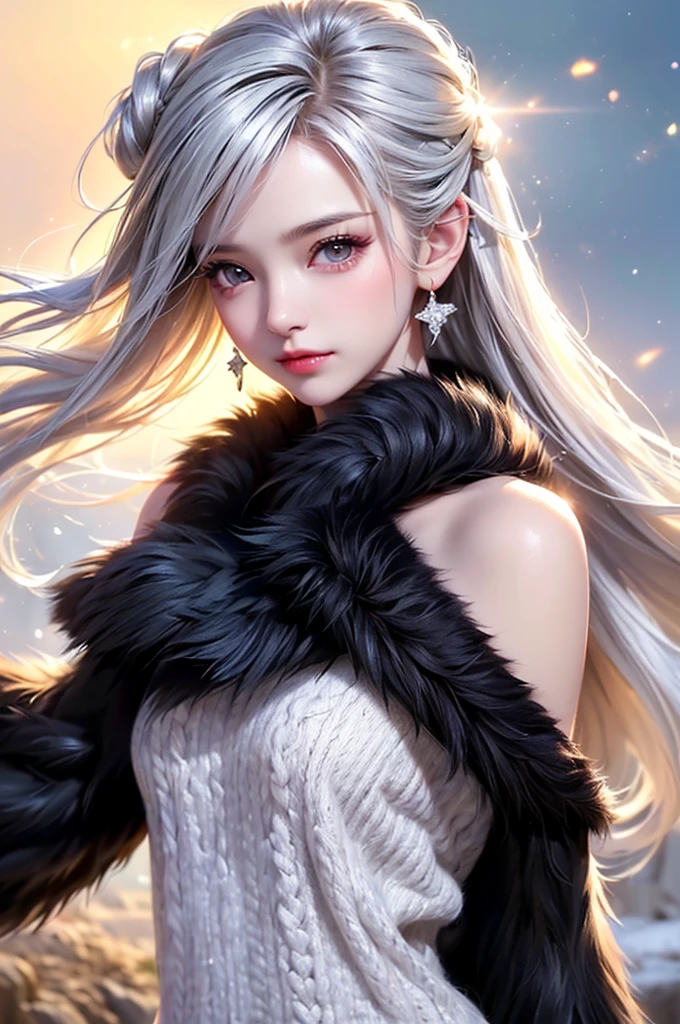 ((masterpiece:1.5、8k、Tabletop、フォトリアリスティックでVery detailedなCG、Very detailed、Particle Effects、Dynamic Effects、Shallow depth of field、Cinematic Light、Lens flare、Ray Tracing、Tabletop、Realistic:1.4、Ultra-high resolution:1.2、Realistic、Realistic))((alone、,A woman wearing a black fur coat over an off-the-shoulder sweater:1.4、Elegant woman posing、Detailed face、bright表情、young, bright, Whiter skin、Medium chest、Beautiful cleavage、Best Looks、Asian、Ultimate beauty、bright and shiny hair,、Super long, Silky straight hair、Hair dancing in the wind))(morning、The setting is outdoors in the snow、Crystal of snow)((shiny white hair))