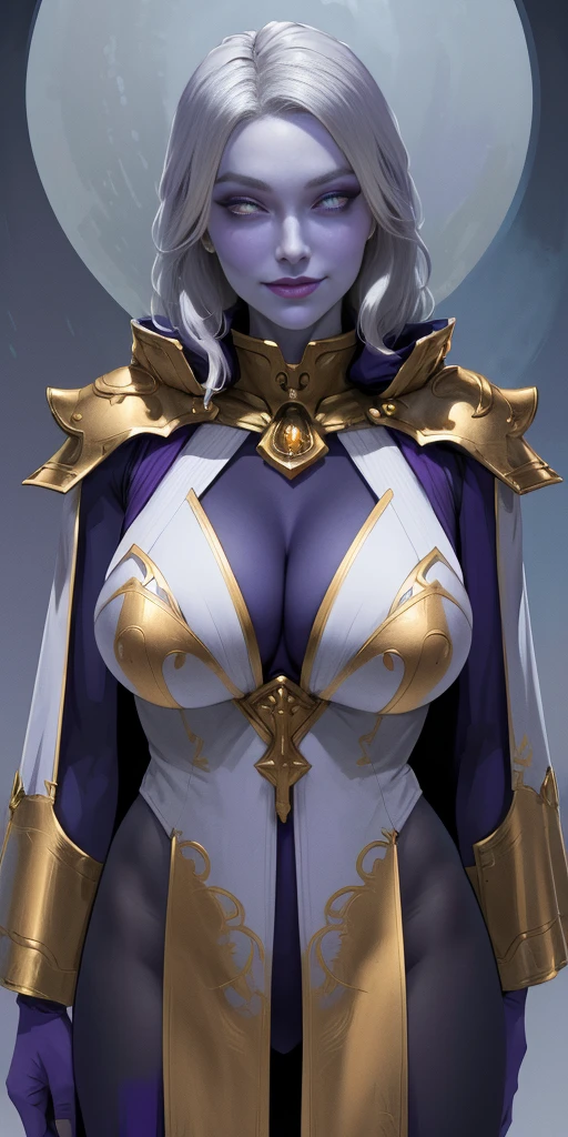 (1MILFWoman)(chest covered)(smile) Gray skin, pale golden hair and violet eyes. She prefer clothing of white and silver with cloaks of deep blue or purple, blue or purple background, knockers ((very precise detailed)) ((highres)