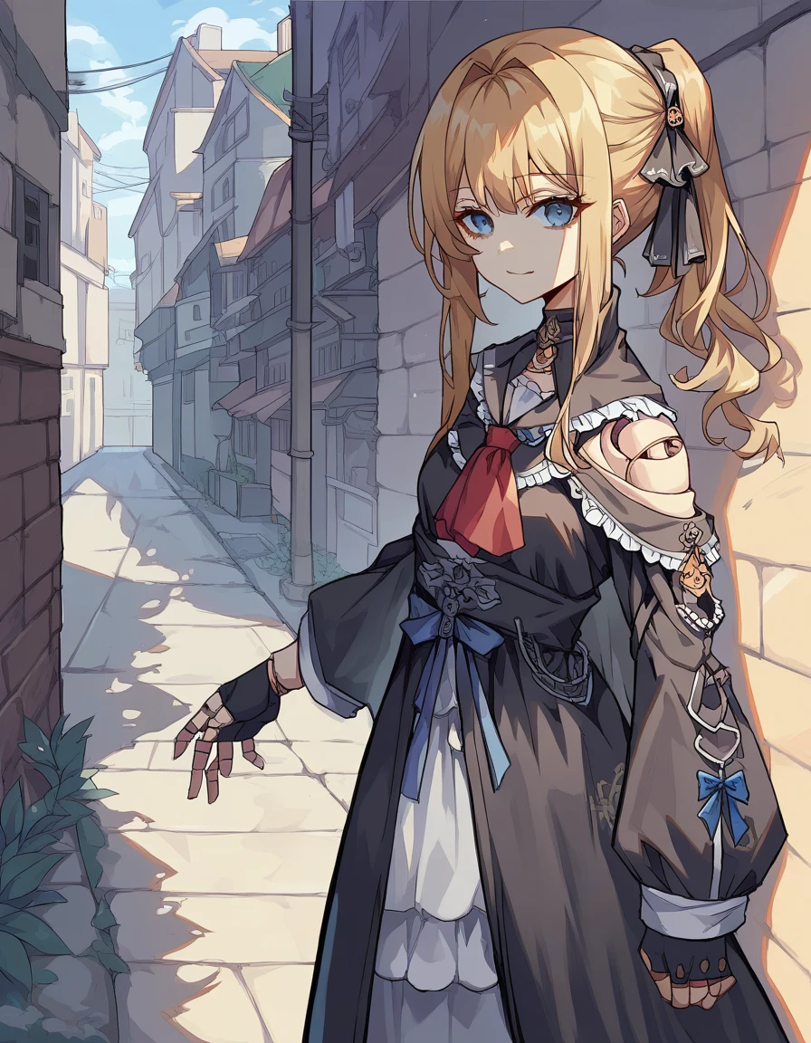 score_9, score_8_up, score_7_up, 1 girl, hsrherta, doll joints, (blonde ponytail hair, blue eyes), skinny, black robe, capelet, red ascot, fingerless gloves, smiling, looking at viewer, small breasts, victorian alley, mist