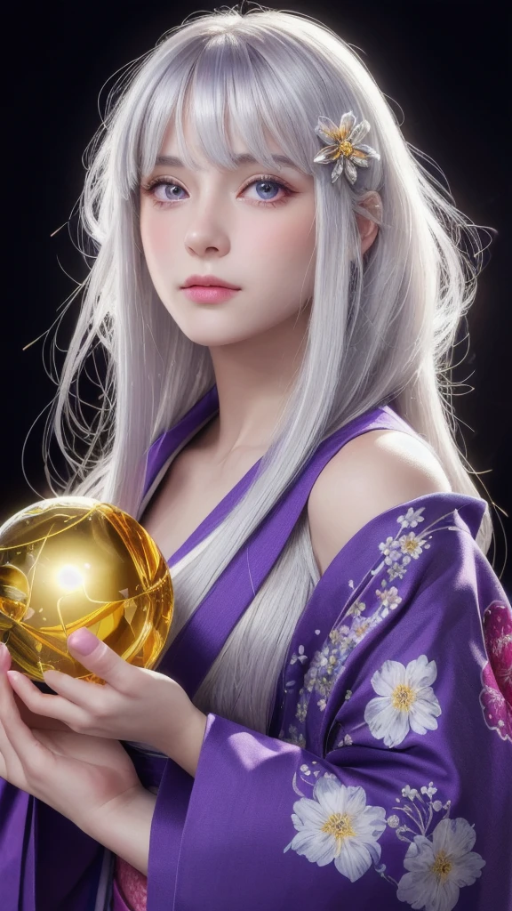 (masterpiece:1.3), (8k, photorealistic, raw photo, highest quality:1.4), (one girl), beautiful face, (realistic face), (long hair), (silver hair, near white hair, shiny hair, beautiful straight hair), (even bangs), (sharp bangs), straight hairstyle, realistic eyes, beautiful detailed eyes (purple eyes), (sharp eyes), (realistic skin), beautiful skin, (kimono), (magician's kimono), (flower hair ornament), attractive, ultra high resolution, ultra realistic, highly detailed, golden ratio, colorful background, (flowers blooming), (energy dancing background), magician, facing forward, facing from shoulders, looking straight ahead, both shoulders facing towards you, holding crystal ball, (heart crystal ball, love crystal ball).