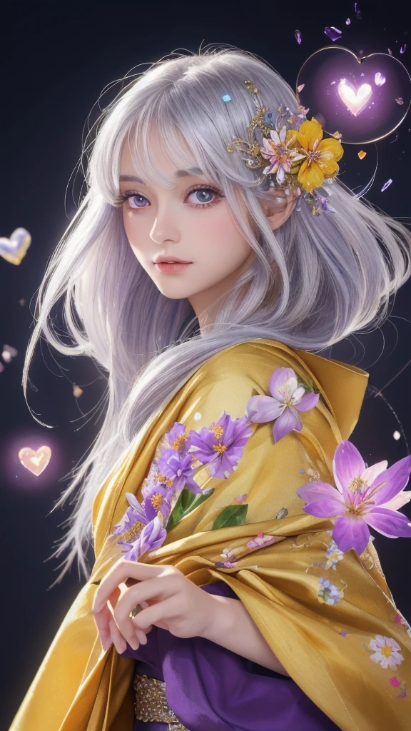 (masterpiece:1.3), (8k, photorealistic, raw photo, highest quality:1.4), (one girl), beautiful face, (realistic face), (long hair), (silver hair, near white hair, shiny hair, beautiful straight hair), (even bangs), (sharp bangs), straight hairstyle, realistic eyes, beautiful detailed eyes (purple eyes), (sharp eyes), (realistic skin), beautiful skin, (kimono), (magician's kimono), (flower hair ornament), attractive, ultra high resolution, ultra realistic, highly detailed, golden ratio, colorful background, (flowers blooming), (energy dancing background), magician, facing forward, facing from shoulders, looking straight ahead, both shoulders facing towards you, holding crystal ball, (heart crystal ball, love crystal ball).