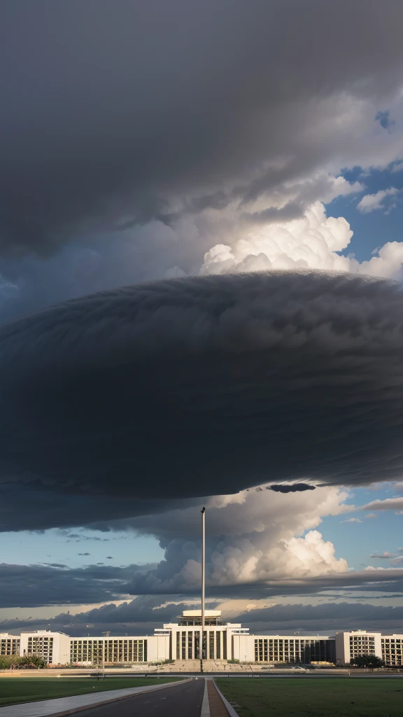 "professional photograpy, of Brasilia of the Brazilian Senate, cloudy and black sky." 