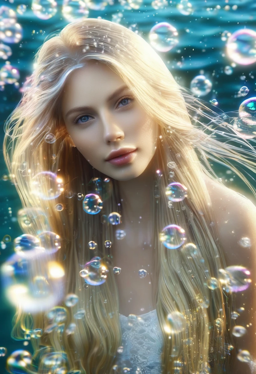 Beautiful blonde woman with long hair looking at camera lens in water, hair floating on water, amazing atmosphere surrounded by many bubbles in water, (realistic facial details), high resolution, detailed details,