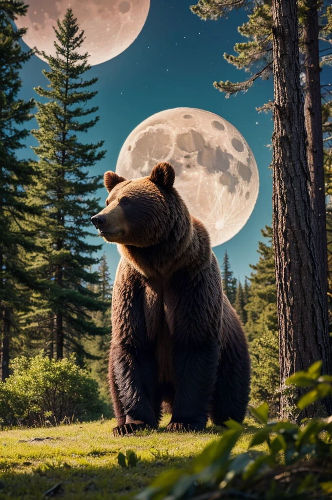 Bear in a beautiful forest, Looking at the moon.