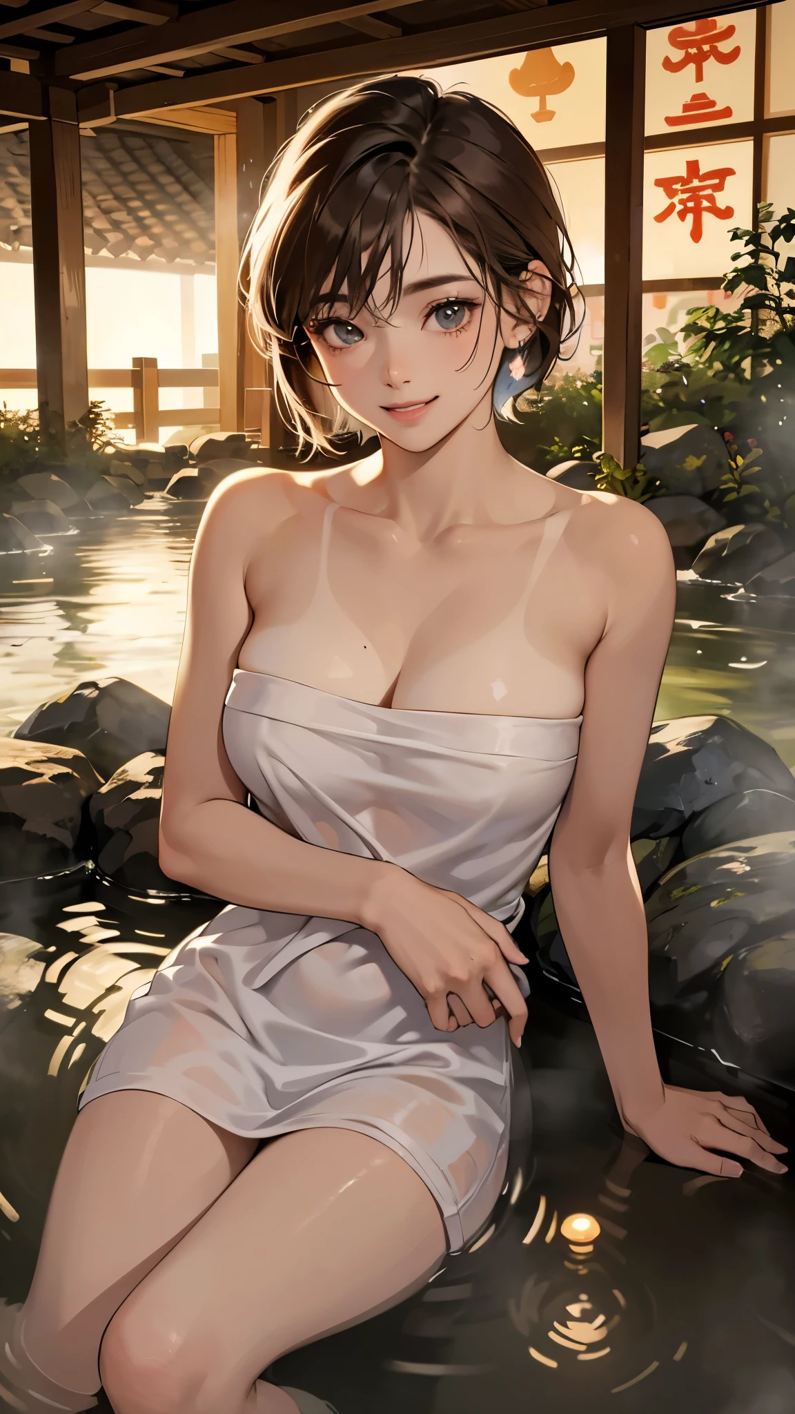 (perfect anatomy:1.2)(absurdres, highres, ultra detailed),masterpiece,best quality,high resolution,8k,Realistic face,Realistic skin texture,magnified textures, stunning clarity,detailed anime girl,(ultra detailed eyes and face),(:1.2),(babyface:1.2)、(very short hair)、tareme,light brown hair:1.2,glamor、short stature、、(onsen:1.5),Steampunk in the Edo Period、(Vivid hieroglyph signs and street advertisements:1.2)、(smile:1.4)、hieroglyph,souk、Shopping Street、,(tanned skin:1.3),big breasts,fit body,,round face,(She hides her body with a white bath towel)