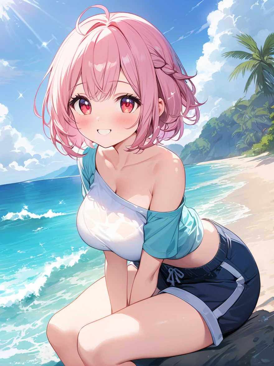 Here's a high-quality illustration prompt:

Masterpiece poster featuring an adorable young girl with short, light pink hair styled in a messy bob. Her bright red eyes sparkle like precious jewels as she blushes shyly, sporting a gentle smile. Her large breasts are accentuated by her one-shoulder T-shirt that hugs her curves, paired with shorts that cling to her toned legs.

Set against the serene backdrop of an ocean, this official illustration radiates artistic beauty and three-dimensional coloring. The girl's pose is playful yet demure, inviting the viewer to step into her world. Every detail is meticulously crafted, from the subtle creases on her clothing to the delicate waves in her hair, showcasing a level of detailed coloring that transports the viewer to a realm of wonder.