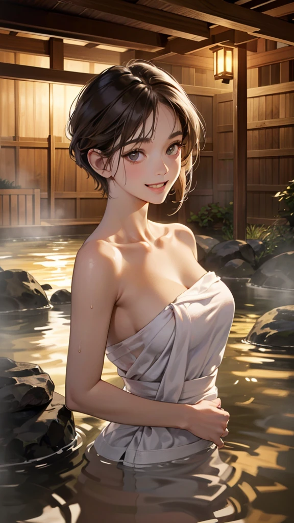 (perfect anatomy:1.2)(absurdres, highres, ultra detailed),masterpiece,best quality,high resolution,8k,Realistic face,Realistic skin texture,magnified textures, stunning clarity,detailed anime girl,(ultra detailed eyes and face),(14 years old:1.2),(babyface:1.2)、(very short hair)、tareme,light brown hair:1.2,glamor、short stature、、(onsen:1.5),Steampunk in the Edo Period、(Vivid hieroglyph signs and street advertisements:1.2)、(smile:1.4)、hieroglyph,souk、Shopping Street、,(tanned skin:1.3),big breasts,fit body,,round face,(She hides her body with a white bath towel)