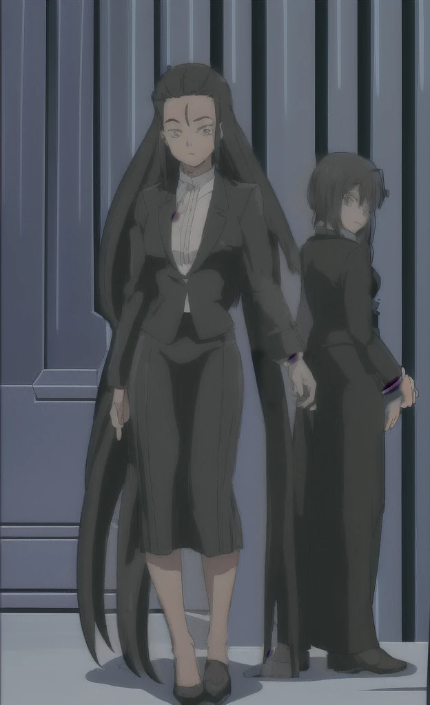90s anime grown tall skinny black skinned female business woman in a grey pinstripe skirt suit wearing grey heels with cornrow hair full body
Pinstripe blaze and pinstripe skirt 