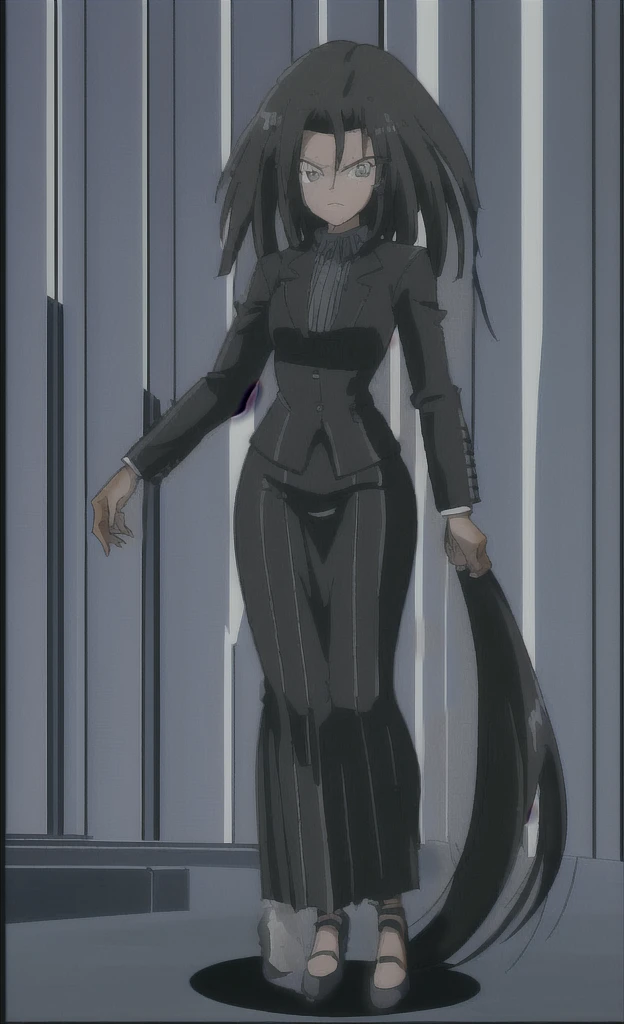90s anime grown tall skinny black skinned female business woman in a grey pinstripe skirt suit wearing grey heels with cornrow hair full body
Pinstripe blaze and pinstripe skirt