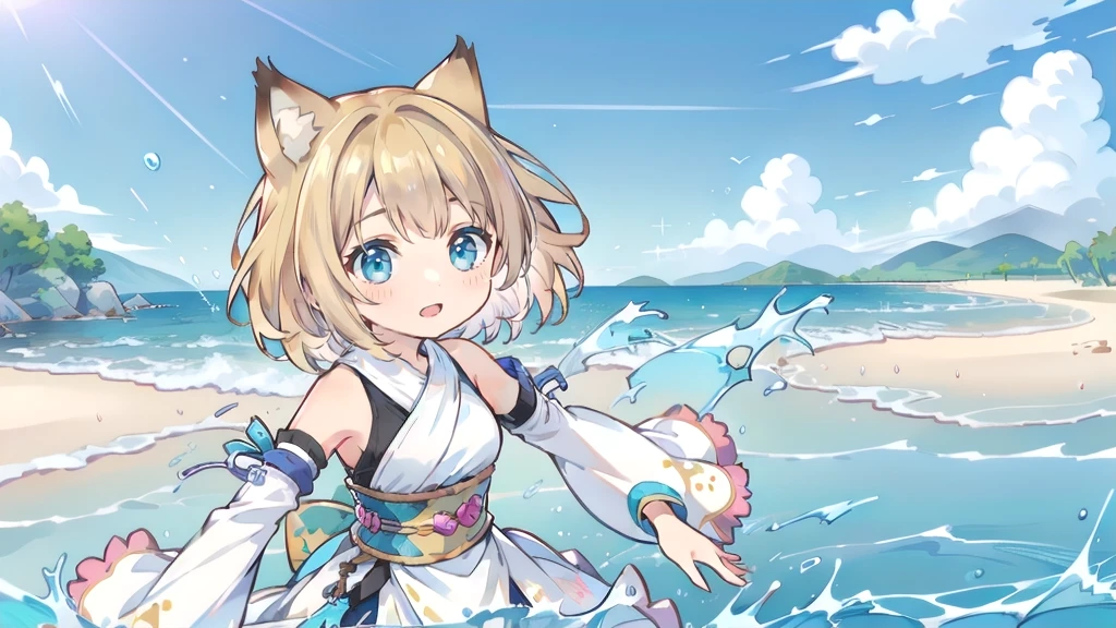 Chibi Character、Cat ear、Blonde Hair、Short Hair、Cat ear、Turquoise Eyes(masterpiece, Highest品質, Highest, Official Art, beautifully、aesthetic, exposed for a long time:1.3), Fluid movement, Fascinating patterns, (One girl: 2), (Dynamic pose), Absurd, Portraiture, alone, (whole body:1.1), View your viewers, Detailed Background, Detailed face, standing on water, ripple, swirling water, Suspended particles, Ether Dynamic, water, splash, vapor, Ocean Background, coastal, Ethereal atmosphere, (Crystal AI:0.8), Realistic Skin, Dramatic lighting, Ultra-realistic, wallpaper, Complex, Sharp focus, Ray Tracing, RTTX 10.0, Professionally color coded, Professional photography, masterpiece, Super detailed, high quality, Highest quality, 4K, 8k, born, FFX, Heterochromia iridis, short hair, Yuna Costume, hair ornaments, Removable sleeves, In the same way, sash, In the same way skirt, Long skirt, smile, Happy, Blonde Hair、Short Hair、Cat ear、Turquoise Eyes