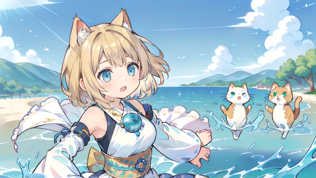 Chibi Character、Cat ear、Blonde Hair、Short Hair、Cat ear、Turquoise Eyes(masterpiece, Highest品質, Highest, Official Art, beautifully、aesthetic, exposed for a long time:1.3), Fluid movement, Fascinating patterns, (One girl: 2), (Dynamic pose), Absurd, Portraiture, alone, (whole body:1.1), View your viewers, Detailed Background, Detailed face, standing on water, ripple, swirling water, Suspended particles, Ether Dynamic, water, splash, vapor, Ocean Background, coastal, Ethereal atmosphere, (Crystal AI:0.8), Realistic Skin, Dramatic lighting, Ultra-realistic, wallpaper, Complex, Sharp focus, Ray Tracing, RTTX 10.0, Professionally color coded, Professional photography, masterpiece, Super detailed, high quality, Highest quality, 4K, 8k, born, FFX, Heterochromia iridis, short hair, Yuna Costume, hair ornaments, Removable sleeves, In the same way, sash, In the same way skirt, Long skirt, smile, Happy, Blonde Hair、Short Hair、Cat ear、Turquoise Eyes