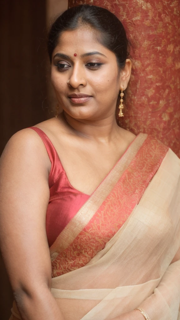 Foto RAW, photorealistic, photography, full body shot, 60 years old Woman, mascara, eye kajal, juicy figure, master shot, perfect eyes, goddess like beauty, pierced eyes, perfect thick chubby mallu Desi aunty bhabhi, Wearing a Stanapatta, a chest-band.Saree model, model Photography, Indian saree shoot, Indian traditional wear advertising photography, traditional wear brand shoot, face of Indian actress Rajshri Nair aka Rajashree, masterpiece, realistic, realism, incredible details,  pleasure, photorealism, detailed skin, skin pores, high contrast, photorealistic Artstation 8k HD digital art trend of high definition and detailed realistic skin texture, ultra detail, realistic skin texture, armature, best quality, ultra high definition, (photorealistic:1.4),, high resolution, detail, raw photo, sweat, Re sharp, by Lee Jefferies Nikon D850 Film Stock Photo 4 Kodak Portra 400 Camera F1.6 Lens Rich Color Ultra Real Realistic Realistic Textures Dramatic Lighting Unreal Engine Trending at Art Station Cinestill 800,(pele altamente detalhada: 1.2), 8k UHD, DSLR, soft-lighting, alta qualidade, grain of film, Fujifilm XT3,she didn't like to wear blouse or bra, she is happy to wear only saree, she hates blouse or bra, highly detailed hairy armpits, hyper realistic skin, skin pores, sweat, veins, stubble armpits, erotic temptation, appealing figure, appealing body language, fleshy arms, horny desi indian mommy, she wants to dominate young boys by showing her tempting figure, irresistibly hot, armpits hair clearly visible, freckles 0.2, stretchmarks 0.2, Sexy mature woman's with slightly wrinkled skin, hyper real skin texture, insane details, sensual photoshoot, highly detailed skin texture, high quality skin, highly photo realistic, 