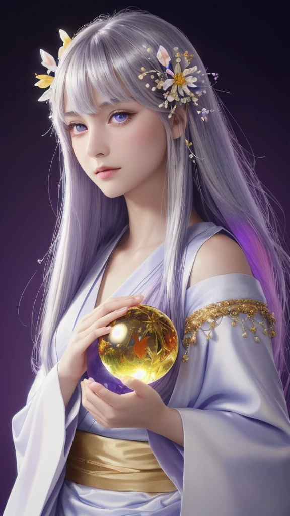 (masterpiece:1.3), (8k, photorealistic, raw photo, highest quality:1.4), (one girl), beautiful face, (realistic face), (long hair), (silver hair, near white hair, shiny hair, beautiful straight hair), (even bangs), (sharp bangs), straight hairstyle, realistic eyes, beautiful detailed eyes (purple eyes), (sharp eyes), (realistic skin), beautiful skin, (kimono), (magician's kimono), (flower hair ornament), attractive, ultra high resolution, ultra realistic, highly detailed, golden ratio, colorful background, (flowers blooming), (energy dancing background), magician, facing forward, facing from shoulders, looking straight ahead, both shoulders facing towards you, holding crystal ball, (heart crystal ball, love crystal ball).