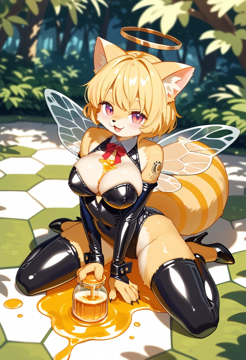 Highest quality, Highest quality, High quality illustrations, masterpiece, Ultra-high resolution, Detailed Background, honeycomb, in the forest, Absurd, Perfect Anatomy, performance, Good lighting, Shadows in the movies(kemono, Furry PersonifiCation), Cat, bee, Honey Latex, Honey Latexスーツ, Honey Lotion, beeのコスチューム, beeのコスプレ, ゴム製のbeeのしっぽ, beeの羽, Honey Pool, Honey Lotionを浴びている, Covered in honey slime, Kneeling, Tattoo, High heels, Dynamic Angle