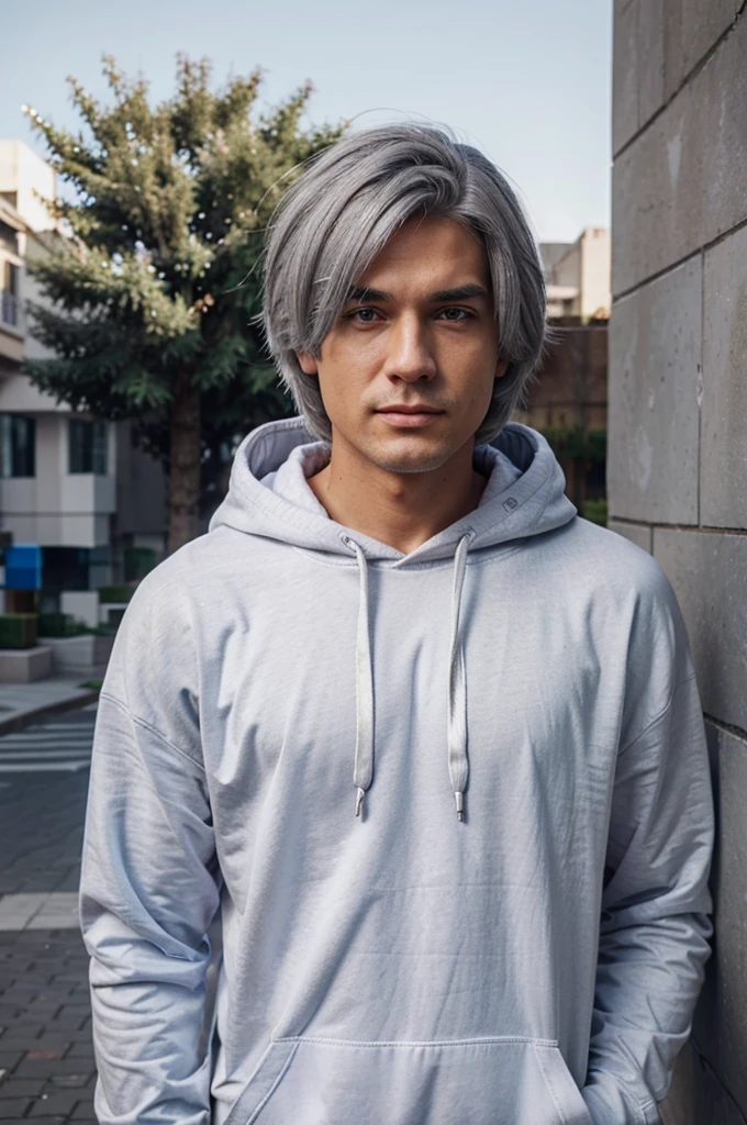 Gray haired man,has blue eyes,wearing a white hoodie,minecraft
