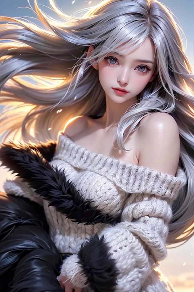 (Upper body portrait:1.5)((masterpiece:1.5、8k、Portraiture、フォトリアリスティックでVery detailedなCG、Very detailed、Particle Effects、Dynamic Effects、Written boundary depth、Cinematic Light、Lens flare、Ray Tracing、Tabletop、Realistic:1.4、Ultra-high resolution:1.2、Realistic、Realistic))((alone、Off-the-shoulder sweater,Sleeveless,Over an off-the-shoulder knit sweater、A woman wearing a black fur-trimmed leather coat:1.4、Elegant woman posing:、Detailed face、bright表情、young, bright, Whiter skin、Small breasts:1.4、Best Looks、Ultimate beauty、Shiny silver hair with highlights、Bright and shiny hair,、Modern Hairstyles、Hair dancing in the wind))(morning、The setting is a snowy hill overlooking the ruins.)Accentuate your cleavage