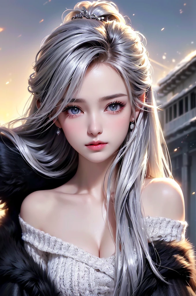 (Upper body portrait:1.5)((masterpiece:1.5、8k、Portraiture、フォトリアリスティックでVery detailedなCG、Very detailed、Particle Effects、Dynamic Effects、Written boundary depth、Cinematic Light、Lens flare、Ray Tracing、Tabletop、Realistic:1.4、Ultra-high resolution:1.2、Realistic、Realistic))((alone、Off-the-shoulder sweater,Sleeveless,Over an off-the-shoulder knit sweater、A woman wearing a black fur-trimmed leather coat:1.4、Elegant woman posing:、Detailed face、bright表情、young, bright, Whiter skin、Small breasts:1.4、Best Looks、Ultimate beauty、Shiny silver hair with highlights、Bright and shiny hair,、Modern Hairstyles、Hair dancing in the wind))(morning、The setting is a snowy hill overlooking the ruins.)Accentuate your cleavage