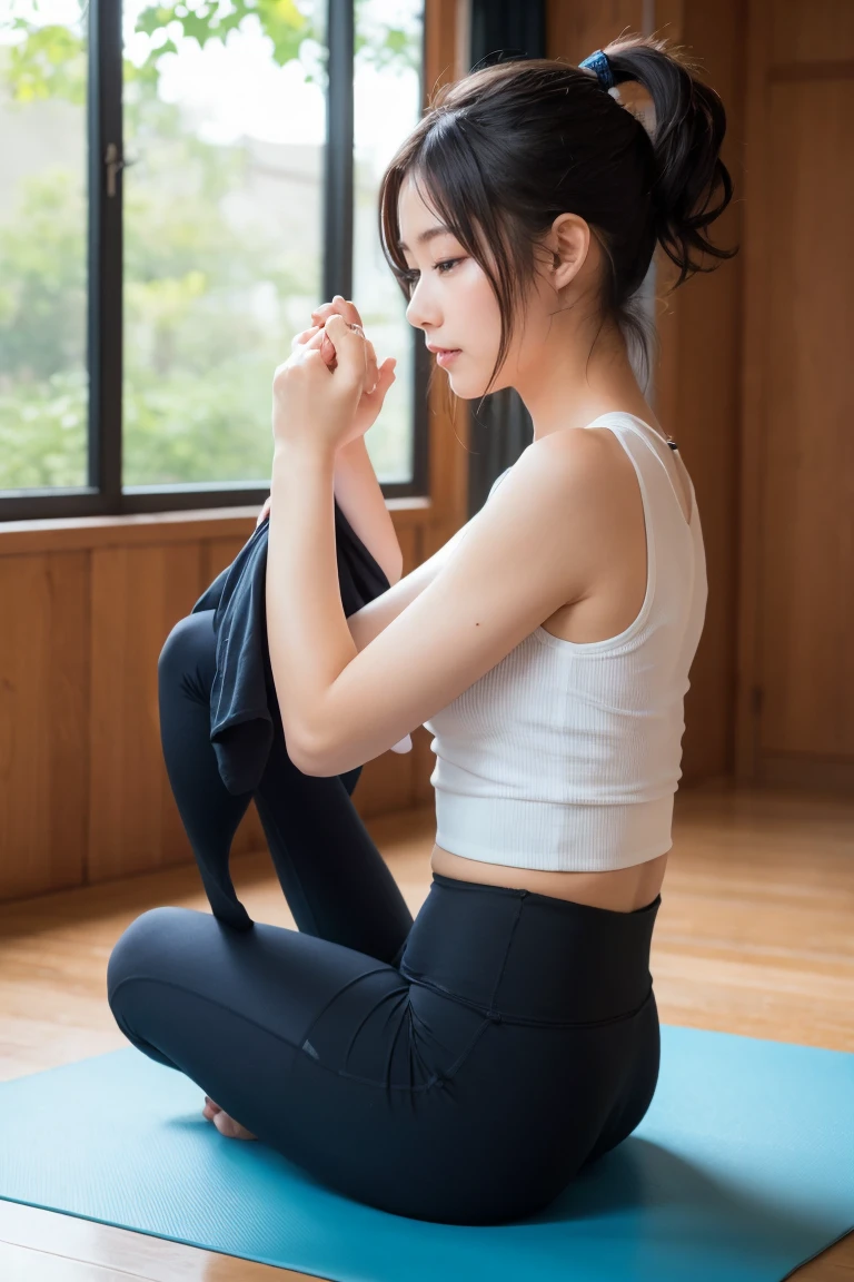 Close-up shot , Best image quality (8k, High resolution, masterpiece: 1.2), Very detailed, 215 Short Hair, 16 year old female, situation: Yoga sessions in the park or at a studio。 clothing: Tight yoga pants and a tank top。Barefoot or yoga socks。Hair in a high ponytail。 angle: Profile of a person posing on a mat。Choose a Balanced Yoga Posture.、Emphasis on calm and focus。that'You can also take a full-body photo with the bird..'An S-shaped view from above.。 Face close-up , Random cute poses ,Big eyes ,Puffy eyes , Heart pupil, blush , Big shy smile , salute
